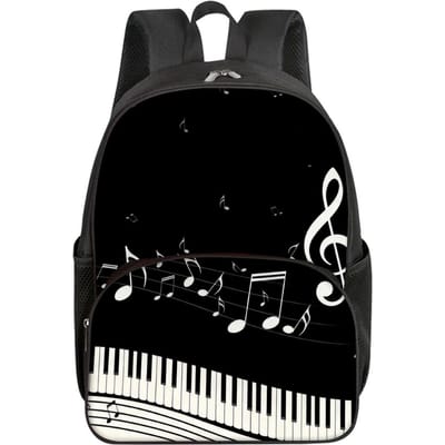 Sac à dos scolaire imprimé notes de piano colorées pour garçons/filles Meilleur cadeau Imperméable Dessin animé 2D Sac rond à poche avant pour enfants black