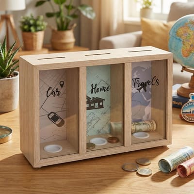 Dailygoods- Spaarpot Hout - Decoratieve Spaarpot - Geldgeschenken - Creatieve Gelddoos - Transparant Kader - 16 x 24 x 7 cm