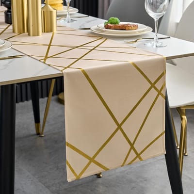 Tafelloper beige goud stof 33 x 140 verjaardag tafeldecoratie polyester fluweel lijnen geometrie modern elegant wasbaar decoratief tafelkleed voor keuken bruiloft feest vakantie