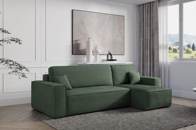 Hoekbank Frenkie - Universeel - Ribstof - Groen - Slaapbank met opbergruimte - Lounge Links of Rechts - Direct Leverbaar - Hoekzetel - Chaise longue - Zetel met slaapgedeelte - 3 zits - Zitcomfort Medium