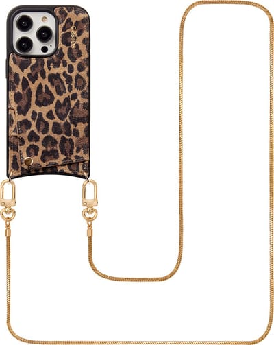 Casies leren panterprint hoesje geschikt voor Apple iPhone 14 met gouden koord en pasjeshouder - 100% echt leer - Leopard case - Telefoonhoesje met strap - Telefoonkoord