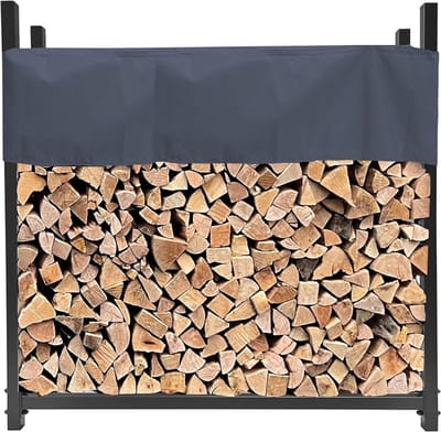 TIM® Houtrek – Houtopslag – Brandhoutrek Met Beschermhoes - Haardhout - Opslag – Rek Voor Binnen - en Buiten – Brandhout – Metaal – Grijs – 25cm x 113cm x 115cm