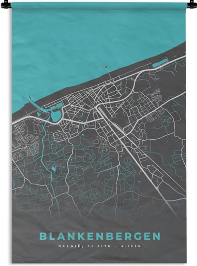 Wandkleed - Wanddoek - België – Blankenbergen – Stadskaart – Kaart – Blauw – Plattegrond - 120x180 cm - Wandtapijt
