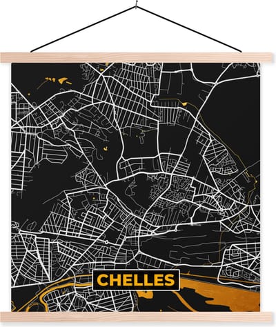 Posterhanger incl. Poster 40x40 cm - Schoolplaat - Kaart – Stadskaart – Chelles - Plattegrond – Frankrijk - Textielposter - Blanke latten - Stadskaart