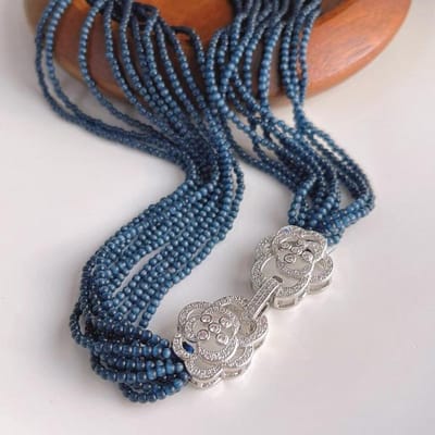 Gevlochten Choker met Kattenoog Kralen - Camille Sluiting - Donker Blauw