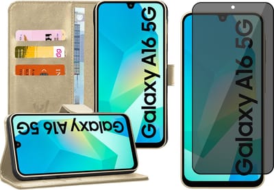 Hoesje geschikt voor Samsung Galaxy A16 - Privacy Screenprotector Volledig Dekkend Glas - Portemonnee Book Case Goud