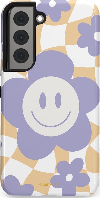 Casetastic hoesje geschikt voor Samsung Galaxy S22 - Dubbellaagse bescherming - Madeliefjes magie - Fashion Case - Lila Wit Zand Lichtgrijs