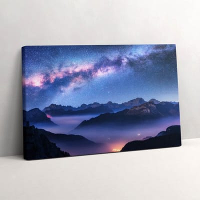 Wallfluent Foto Op Canvas Sterrenhemel boven de bergen - 30 x 20 cm - Blauw Schilderijen Op Canvas Doek - Landschappen Canvas Foto - Natuur Schilderij Op Doek - Fotografie Canvas Schilderij
