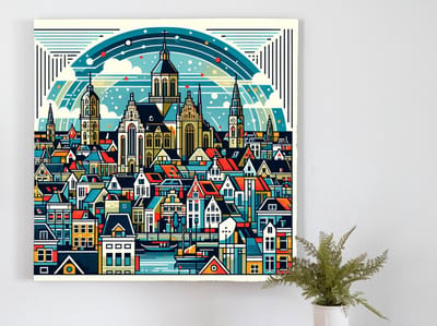 Modern groningen schilderij | Gronings modernistisch kunstwerk van stedelijke dynamiek en innovatie | Kunst - 80x80 centimeter op Forex | Foto op Forex
