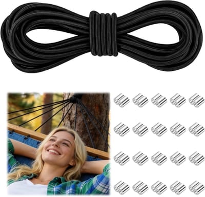 Elastisch koord 10 mm x 10 m zwart, rekbaar rubber voor zeilen, aanhangers en kamperen met 20 klemmen