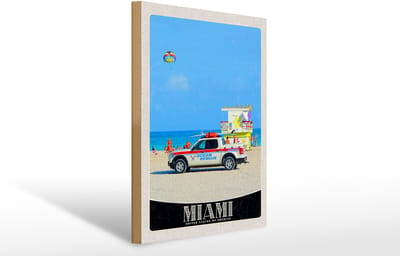 Holzschild Reise 30x40cm Miami USA Amerika Ozeanrettung Wagen