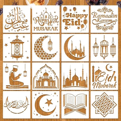 Famanu – Ramadan stencils set - 16 stuks - Eid Mubarak - herbruikbaar - plastic decoratie voor thuis - ramen en muren - creatief en praktisch