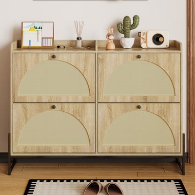 Wishdor - Schoenenkast - Afgeronde Randen - Ventilerende Achterzijde - Modern - Spaanplaat En PE-Rattan - Natuurlijke Houtkleur