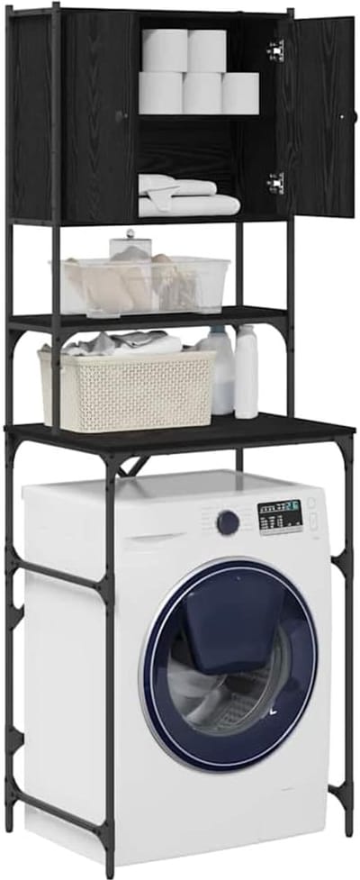 Wasmachinekast - Opbergkast - Badkamer Organisatie - Verstelbare Planken - 68 x 48.5 x 194 cm - Zwart Eiken