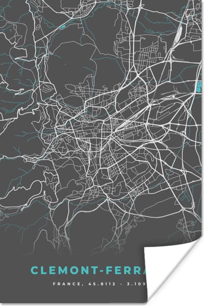 Poster Clemont-Ferrand - Frankrijk - Kaart - Plattegrond - Stadskaart - 120x180 cm XXL