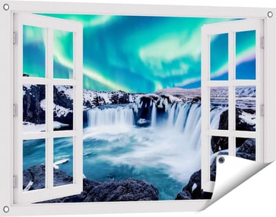 Gards Tuinposter Doorkijk Watervallen met het Groene Noorderlicht - 90x60 cm - Tuindoek - Tuindecoratie - Wanddecoratie buiten - Tuinschilderij