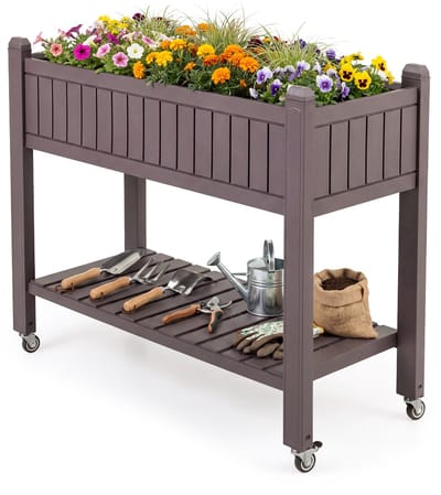 COSTWAY Verhoogd tuinbed met wielen, verhoogd tuinbed met plank, waterniveau-indicator en drainagegaten, kruiden- en groentetuin, gemaakt van kunststof en metaal, plantentafel voor balkon, tuin en terras, bruin