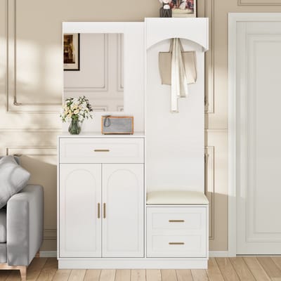Wishdor - Kapstokkast - Met Spiegel En Schoenenbank - Modern - Voor Hal - Wit - 110 X 33 X 185,5 Cm
