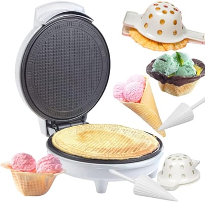 Wafelijzer en Schaalmaker - IJshoorntjes Maker - Zelf IJsgerechten Maken - Inclusief Vormrol Kompers - 350 Watt - Wit