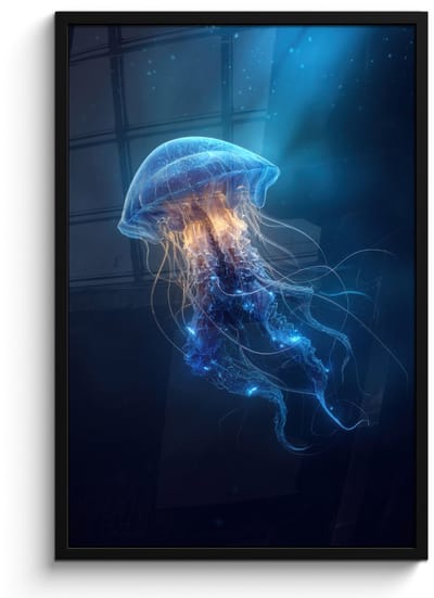 Poster in lijst - Fotolijst 60x90 cm - Posters - Kwal - Lichtgevend - Tentakels - Blauw - Posterlijst zwart - Decoratie - Wanddecoratie woonkamer - Muurdecoratie slaapkamer