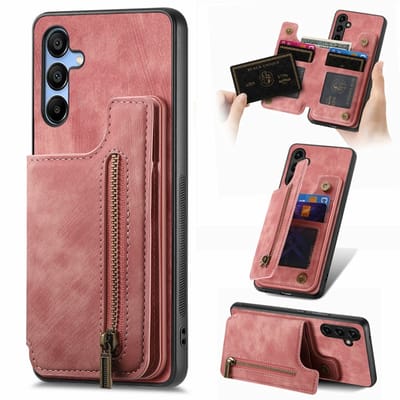 Silicone TPU en kuntleer kickstand retro roze back cover hoesje case met rits - pasjeshouder - telefoonhoesje geschikt voor de Samsung Galaxy A16