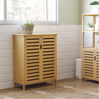 MODFU Badkamerkast - Met Lameldeuren En 2 Binnenplanken - Vrijstaand - Bamboe - Naturel - 68 X 32 X 86 Cm