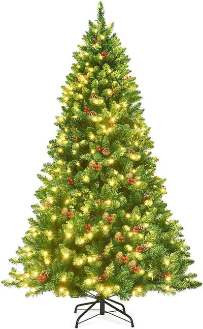 COSTWAY Kunstkerstboom met warmwitte led-lichtsnoer, dennenboom met metalen standaard, kerstboom van pvc, 135/200 cm, groen (200 cm)