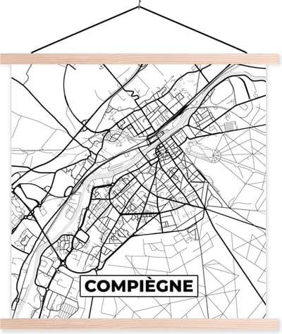 Posterhanger incl. Poster 40x40 cm - Schoolplaat - Compiègne - Kaart - Stadskaart - Frankrijk - Plattegrond - Zwart wit - Textielposter - Blanke latten - Stadskaart