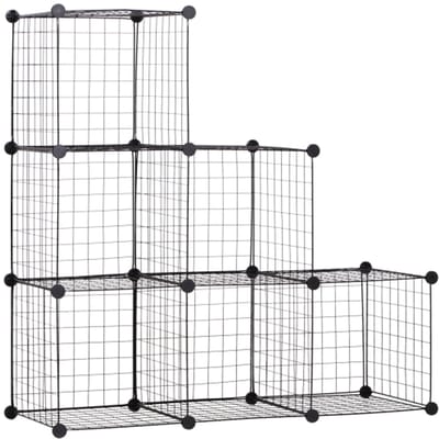 Stekkerrek Rekensysteem met 6 Vakken - DIY Kubusrek van Draadgaas - Traprek voor Woonkamer, Slaapkamer - Zwart - 109 x 37 x 109 cm