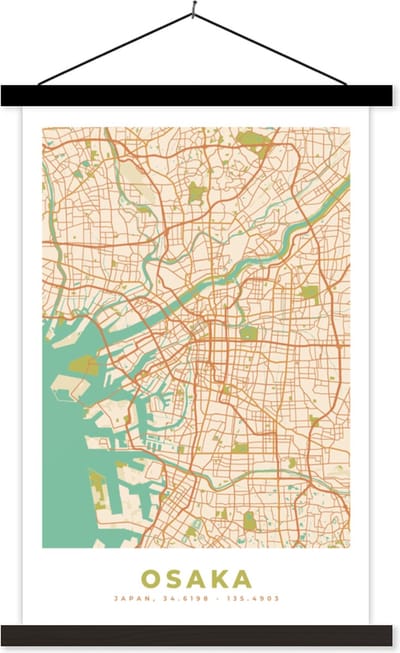 Posterhanger incl. Poster 40x60 cm - Schoolplaat - Osaka - Stadskaart - Vintage - Plattegrond - Kaart - Textielposter - Zwarte latten - Stadskaart