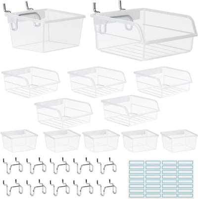 12 x Tool Wall Box - Transparante Wandorganizer met Haakjes en 32 Zelfklevende Labels voor Keuken, Garage en Werkplaats