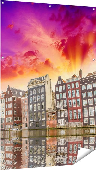Gards Tuinposter Amsterdamse Huisjes bij het Kanaal - Kleur - 100x150 cm - Tuindoek - Tuindecoratie - Wanddecoratie buiten - Tuinschilderij