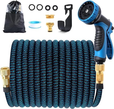 Flexibele Tuinslang 15 Meter – Uittrekbare Waterslang met 10-Standen Sproeikop – 3x Uitzetbaar – 1/2” & 3/4” Adapter – 12 Bar – Zwart/Blauw