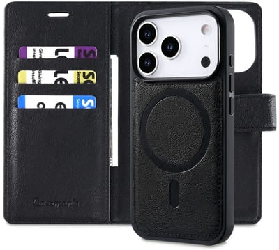 CaseMania Bookcase hoesje geschikt voor Apple iPhone 17 Pro Max - Effen Zwart - Kunstleer - Fine Grain PU Leather - 2in1 Magnetisch Uitneembaar Design - Compatible met MagSafe