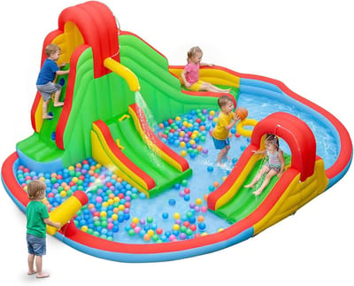 COSTWAY springkussen met waterglijbaan, klimwand, peuterbad, waterkanon en basketbalring, waterspringkussen voor kinderen, waterpark voor buiten, 511 x 400 x 240 cm