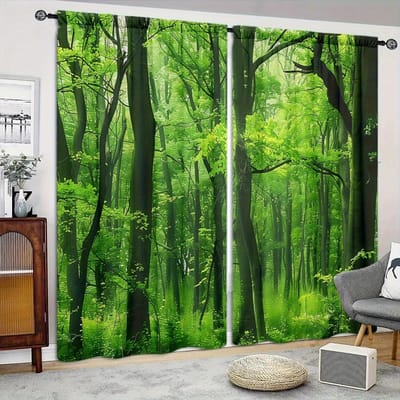 Gedrukt gordijn met bosprint voor huisdecoratie - Gordijn met tunnel voor roede voor slaapkamer, keuken, woonkamer 52.5cmX116cm X 2pcs green
