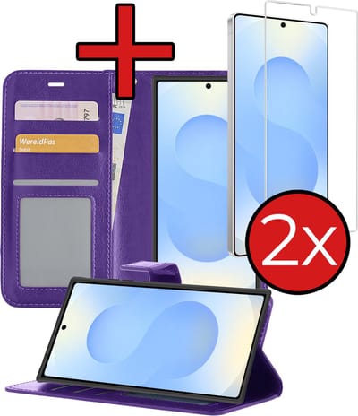 Hoesje - Met 2x Screenprotector - Geschikt voor Samsung Galaxy S25 Ultra - Luxe Pasjeshouder - Flip Case - Bookcase Portemonee - Kunstleer Book Case - Flipcase Hoes - Book Cover - Walletcase - Portemonneehoes - Telefoonhoes - Paars
