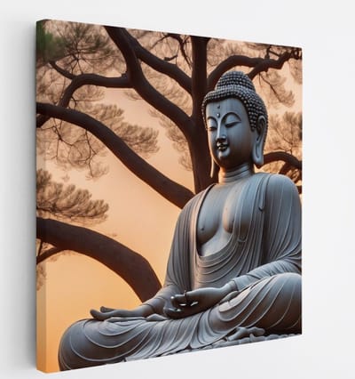 Saammp Canvas Schilderij - Boeddha Naast Boom - 20x20 - Foto op canvas - Wanddecoratie - Muurdecoratie Woonkamer - Canvas schilderijen