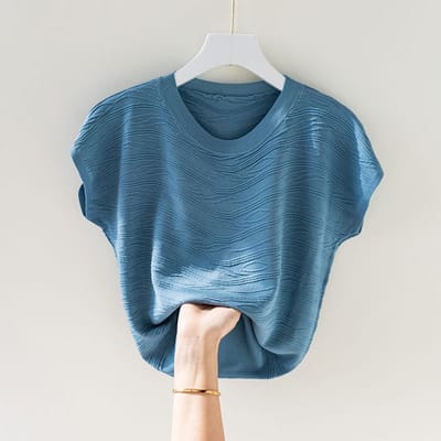 T-shirt d'été en soie glacée pour femme, manches courtes, ample, manches chauve-souris, tricot 2XL gris-bleu