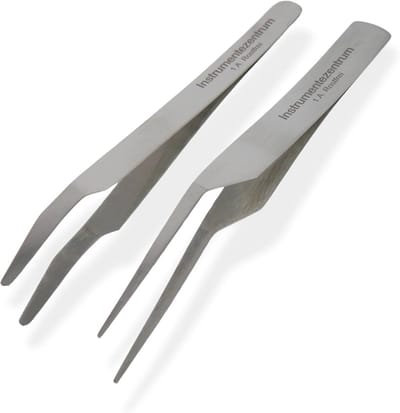 2 verchroomde veerstalen pincetten - 10,5 cm punt en stomp voor modelbouw en tandheelkunde