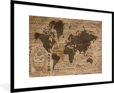 Poster in lijst - Fotolijst 90x60 cm - Posters - Wereldkaart - Retro - Krant - Posterlijst zwart - Decoratie - Wanddecoratie woonkamer - Muurdecoratie slaapkamer