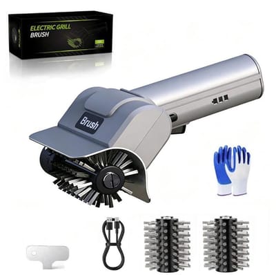 KZQ Elektrische BBQ-borstel - Oplaadbare reinigingsborstel - Draadloos BBQ-reinigingsgereedschap - Inclusief 3 reserveborstelkoppen - Ingebouwde USB-C-interface - 2000 mAh-batterij - Speciaal voor het reinigen van grillroosters - Grijs