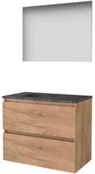 Basic-Line Basic 46 Badkamermeubelset - 80 x 46 cm - Greeploos - 2 Lades - Hardstenen Wastafel - 1 Kraangat - Spiegel - Whisky Oak