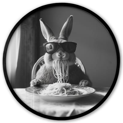 Poster in lijst Rond - Fotolijst 40x40 cm - Posters - Konijn - Bunny - Zonnebril - Tafelkleed - Pasta - Schattig - Ronde posterlijst zwart - Decoratie - Wanddecoratie woonkamer - Muurdecoratie slaapkamer