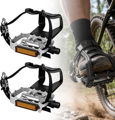 KZQ 1 Paar Fietspedalen met clips en riemen - Fietspedalen - Teenkooien - Zilver aluminium - Nylon fietspedalen - Teenclips - Riemen voor hometrainer, outdoorfietsen en spinning-fietsen