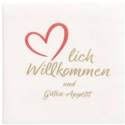 125 Servetten, 2-laags PUNTO 1/4 vouw 20 cm x 20 cm wit Herzlich Willkommen & Guten Appetit