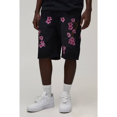Gebloemde Geborduurd Relaxed Denim Short | Washed Black | Size 42
