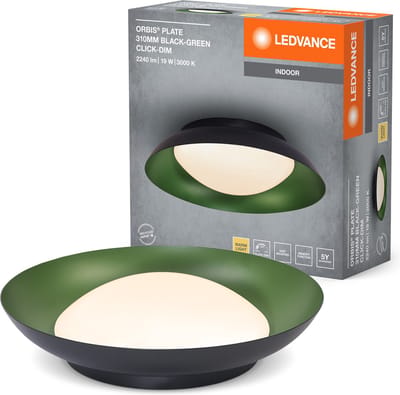 LEDVANCE Orbis Plate LED plafondlamp, zwart-groen, 19W, 1000lm, 3000K, 310mm, 830 vriendelijk warm wit, dimbaar in 3 niveaus door te trappen, IP20 bescherming, inclusief montageschroeven en pluggen