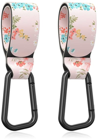 BOTC Kinderwagen tassenhaakjes - Leer - Haakjes voor tassen - Set van 2 - Leather - Extra stevig - Buggy haakjes - Roze bloem