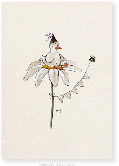 Eend op bloem, wenskaart 10x15cm, illustratie van aquarel en fineliner